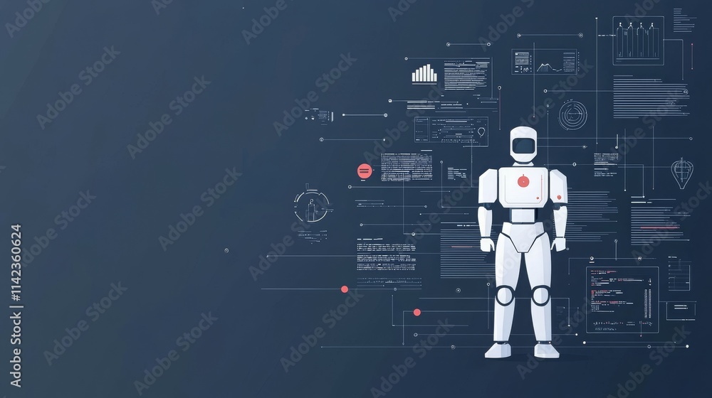 Aufkleber a futuristic robot stands amidst digital data and graphs, symbolizing technology and innovation.