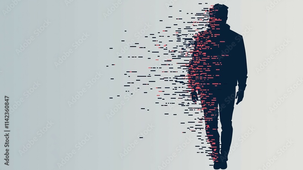 Poster a silhouetted figure dissolving into digital elements, symbolizing transformation or data.