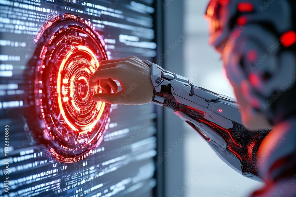 Poster A neon-lit cyberpunk figure adjusting a glowing lens on a futuristic device, surrounded by holographic screens displaying data streams