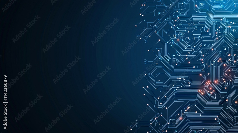 Poster abstract digital circuit design with glowing elements on a dark background.