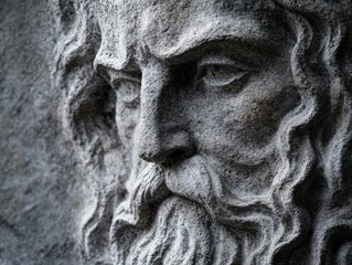 close up of a sculpted stone face with beard