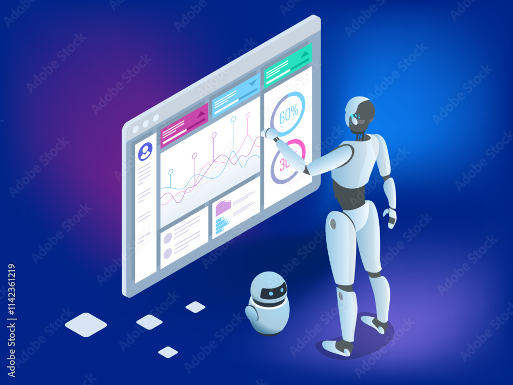 Poster isometric illustration of a robot interacting with a digital data interface displaying charts, analy