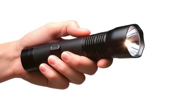Hand holding flashlight, isolated on transparent background
