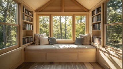 Obraz premium Sunlit reading nook with built-in window seat, bookshelves, and natural wood finishes.