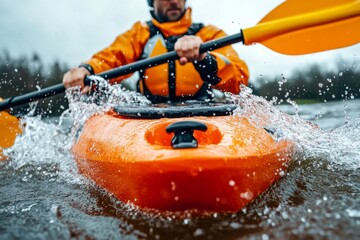 Fototapeta premium A person kayaking down a river, splashing water as they paddle through rapids and enjoy the thrill of adventure