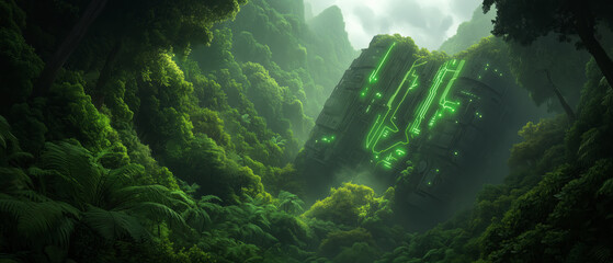 Fototapeta premium Futuristic ruins entwined in lush jungle greenery