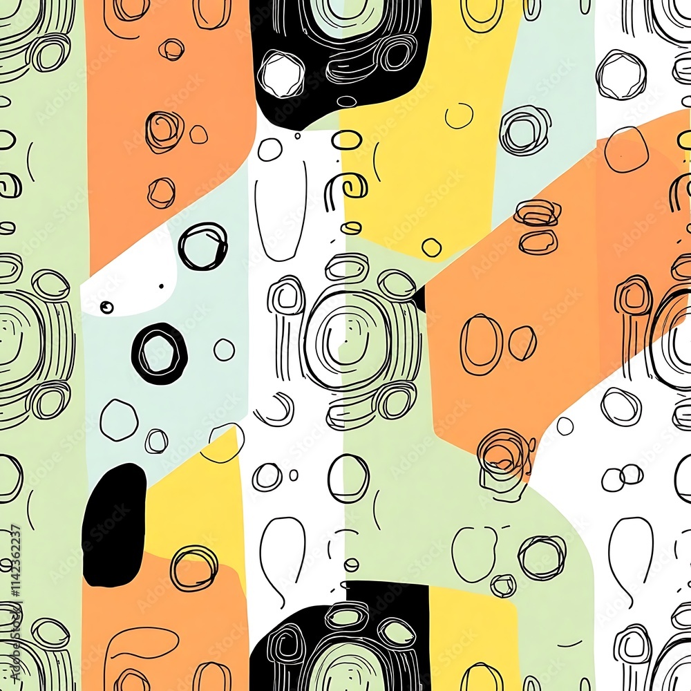 Poster abstract joyful pattern: a vibrant and playful seamless pattern featuring a mix of organic shapes, c