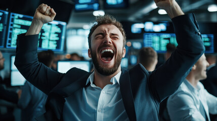 Obraz premium Excited trader celebrating success in bustling stock market environment