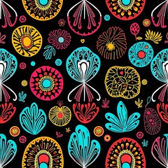 Fototapeta premium Vibrant Floral Pattern: A dazzling and intricate pattern featuring bold, colorful flowers and leaves on a black background.