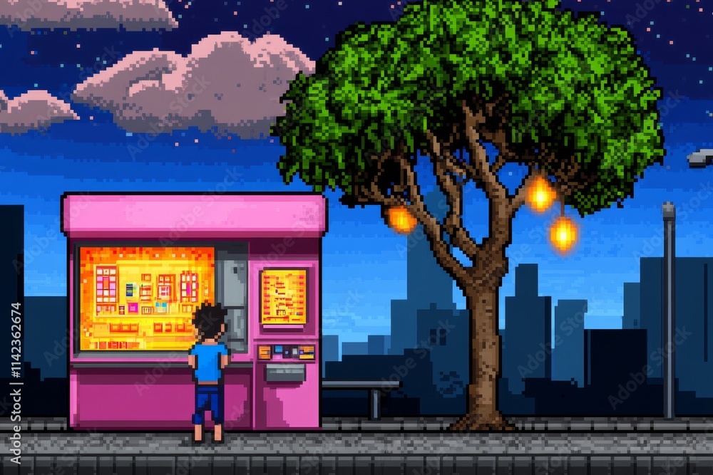 Poster A pixel art scene of a retro arcade, with characters playing colorful games and animated lights creating a lively environment