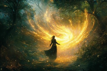 Forest figure faces swirling golden light.
