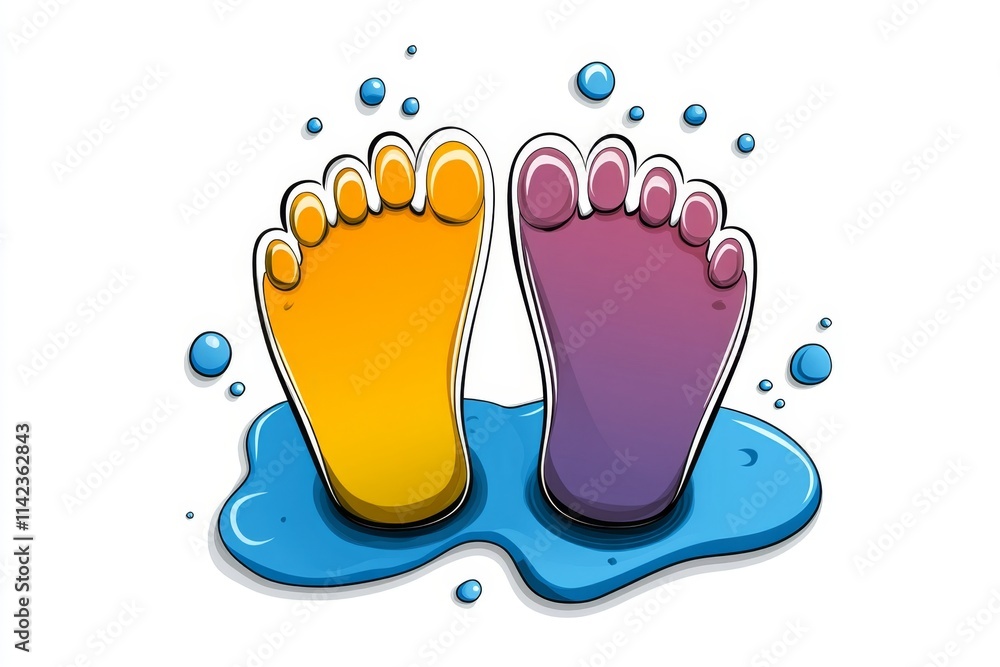 Poster a playful 2d drawing of colorful cartoon feet, with exaggerated toes and a cheerful style, set on a 
