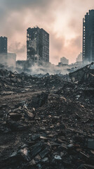 Ruined buildings amidst debris and smoke create haunting atmosphere