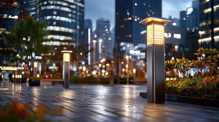 Smart lighting systems enhance urban landscapes, illuminating pathways and creating vibrant atmosphere in modern city at night. warm glow of lamps contrasts with sleek buildings