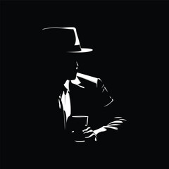 vector silhouette of a man in a hat and suit holding a glass in the dark isolated black background