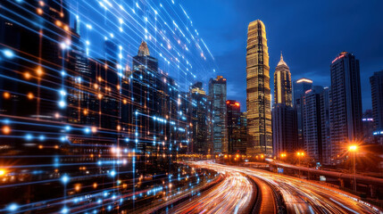 Fototapeta premium vibrant city skyline at night, showcasing modern architecture and illuminated buildings. image features light trails from moving vehicles, symbolizing urban energy and innovation