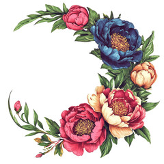 Beautiful floral arrangement featuring peonies and leaves in vibrant colors. This design showcases mix of pink, red, blue, and cream flowers, perfect for decorative purposes