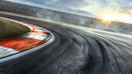 dynamic view of racetrack corner at sunset, showcasing tire marks and vibrant colors