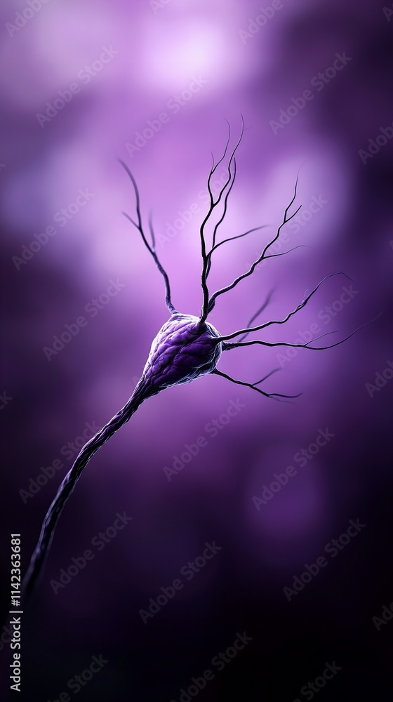 Poster intricate details of a neuron, its dendrites extending into a purple-hued background. a microscopic 