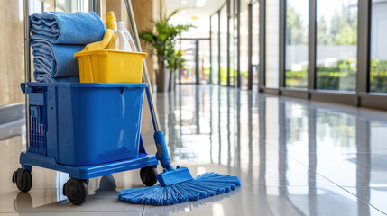 Cleaning cart with supplies in bright hallway, showcasing cleanliness and organization
