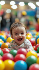 Fototapeta premium Happy baby playing in colorful ball pit, enjoying vibrant atmosphere