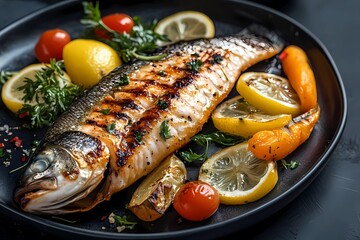 Grilled steak of sea fish serving salmon or trout with lemon
