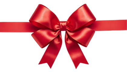Red satin gift ribbon and bow isolated on transparent background, ideal for holiday celebrations like Christmas, birthdays, and Valentine's Day.
