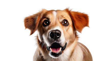 Fototapeta premium Happy mixed breed dog portrait on white background, friendly brown and white puppy face, cheerful domestic pet headshot for veterinary and animal care