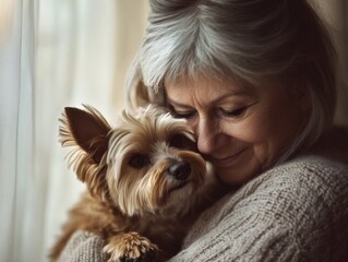 woman hugging her dog with gray hair indoors