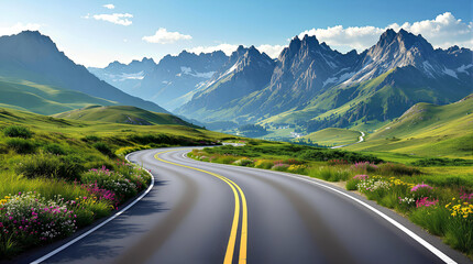 Naklejka premium Curvy mountain road with greenery,Aerial view of car on the road,S curve road,cut out - stock png,Bend on a mountain road,Curvy mountain road