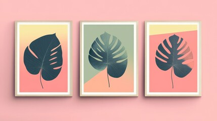 Minimalist monstera leaf art prints on pastel backgrounds