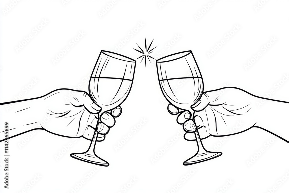 Poster a simple line art drawing of two hands clinking glasses in a toast, with a small spark above to symb