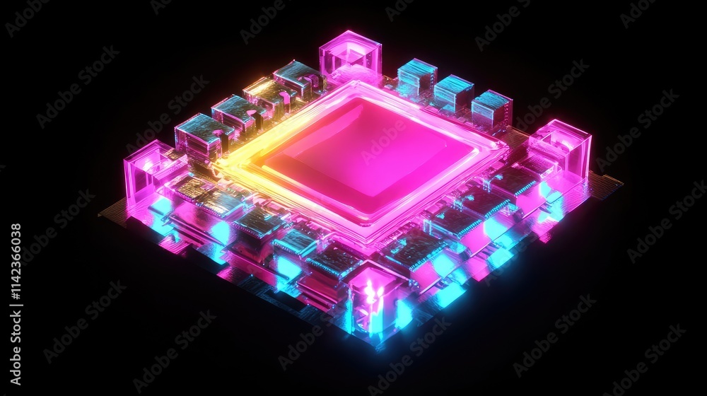 Poster a futuristic depiction of a prototype microchip, with soft, glowing edges and detailed geometric pat