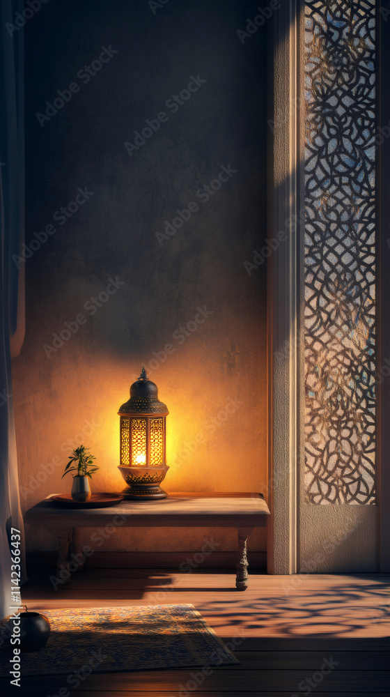 Poster serene ambience for prayer and reflection is created by the warm light of an ornate lantern in a pea