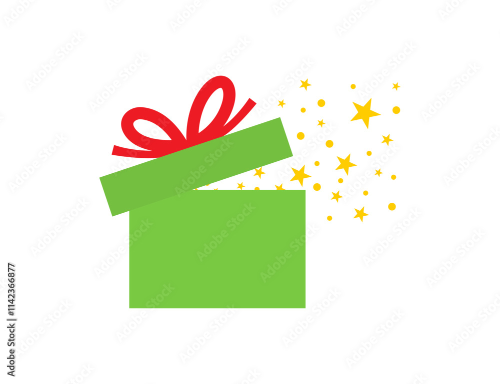 Wall mural gift box with exploded confetti. gift or present. green gift box with red ribbon and confetti in sta