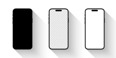 Mockup Phone or Mobile with different screen. Realistic Smartphone with shadow. Black, Transparent, White Screen. Vector illustration