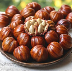Obraz premium Horse-chestnut (Aesculus) fruits with leawes and flower. , isolated on white background, , copy space, copy space for text,