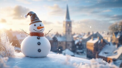 Obraz premium Cheerful Snowman in Snowy Landscape with Village in Background