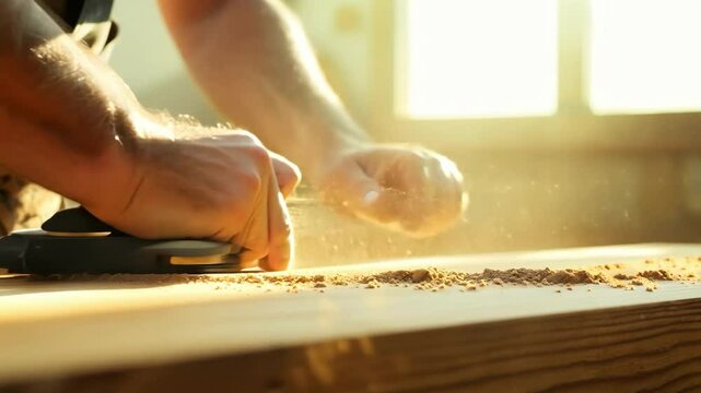 A man is sanding a piece of wood with a sander. The wood is rough and has some splinters. The man is focused on his task and seems to be enjoying the process