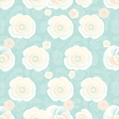 Whimsical Floral Pattern:  A delicate and charming seamless pattern featuring soft, pastel-colored flowers on a calming aqua background. Perfect for textile design, wallpaper, and home decor.