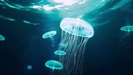 A group of jellyfish are swimming in the ocean. The jellyfish are blue and white. The water is clear and calm - Powered by Adobe
