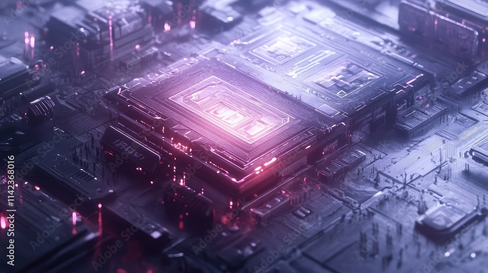 Poster a futuristic depiction of a prototype microchip, with soft, glowing edges and detailed geometric pat