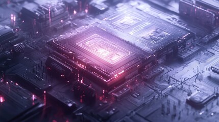 A futuristic depiction of a prototype microchip, with soft, glowing edges and detailed geometric patterns