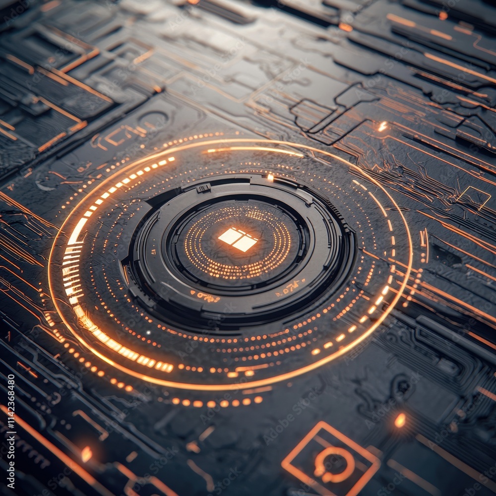 Poster a futuristic circuit board design featuring glowing orange elements and a central circular pattern, 