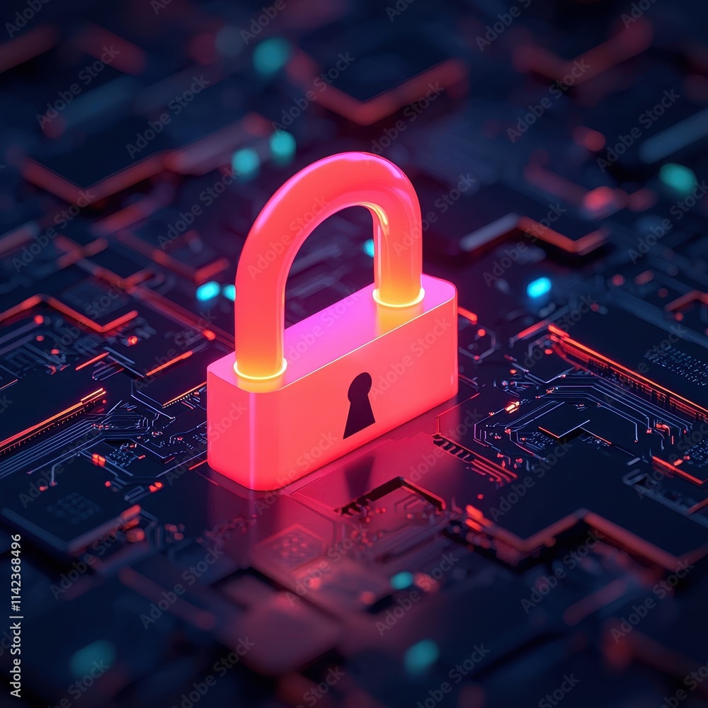 Poster a glowing pink padlock sits on a dark, circuit-patterned surface, symbolizing digital security and p