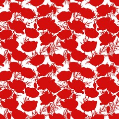 Seamless pattern with silhouette red flowers and leaves on white background.