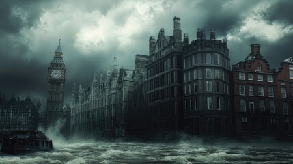 Buildings in city of London under storm clouds