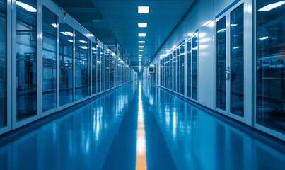 Inside view of a high-tech microchip manufacturing facility, technology, semiconductor, factory