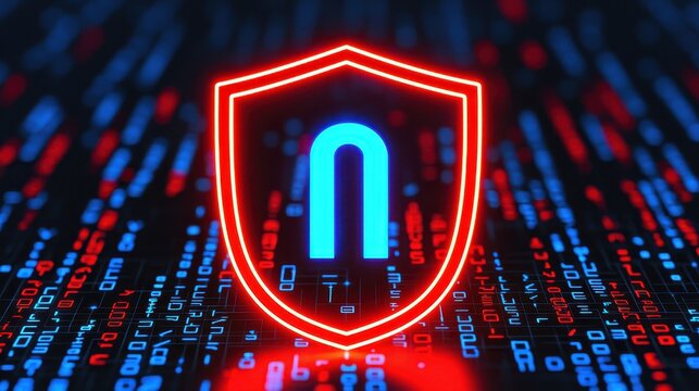 A glowing blue symbol on a red shield, surrounded by colorful binary code, representing digital security and technology.