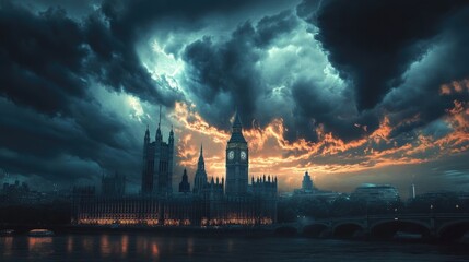 Naklejka premium Buildings in city of London under storm clouds